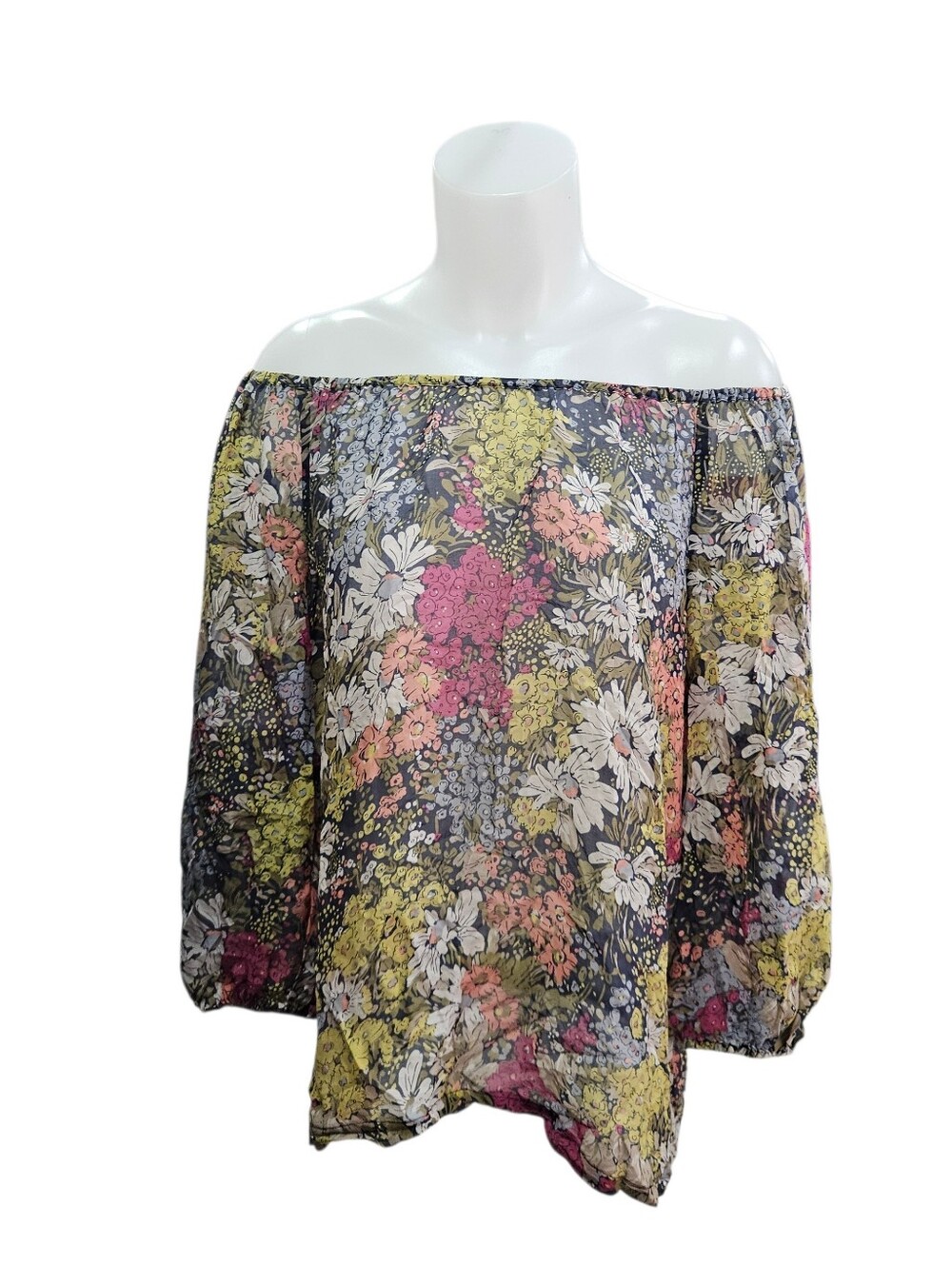 Edme & Esyllte Antropologie  Silk Peasant Top Off Shoulder Blue Floral Sheer SzM